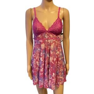 French Affair Purple Floral Babydoll Nightie & G-String Panty Lingerie Set Sz L